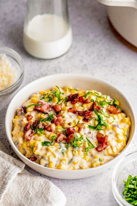 This easy one-pot creamed corn recipe with smokey bacon is the only side you'll be making for cookouts from now on. Use fresh, frozen, or canned corn, and it'll be just as rich and creamy! You can even add a sprinkle of red pepper flakes for heat. Creamed Corn With Bacon, Best Creamed Corn, Corn With Bacon, Southern Fried Pork Chops, Corn Side, Homemade Cream Corn, Corn Side Dish, Creamed Corn Recipes, Steak Kabobs