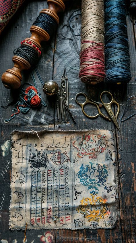 "Vintage #SewingSupplies: #AntiqueSewing spools, ornate #Scissors, and an #EmbroideredTapestry lie on a rustic #WoodenSurface, evoking #Nostalgia. #VintageFinds #Crafting #Textiles ⬇️ Download and 📝 Prompt 👉 https://stockcake.com/i/vintage-sewing-supplies_1115112_688765" Vintage Sewing Accessories, Vintage Sewing Machine Aesthetic, Vintage Seamstress Aesthetic, Sewing Asthetic Picture, Vintage Sewing Aesthetic, Hand Sewing Aesthetic, Textiles Aesthetic, Seamstress Aesthetic, Ornate Scissors