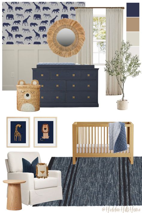 Safari themed baby boys nursery decor mood board with navy blue tones! Cute baby boys nursery decor ideas Navy Nursery Neutral, Navy Blue Baby Room, Blue Gender Neutral Nursery, Navy Blue Nursery Boy, Blue Safari Nursery, Baby Boy Nursery Room Design, Dragon Room, Blue Gray Nursery, Safari Nursery Boy