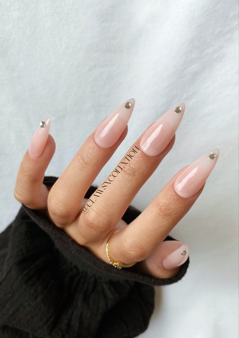 kylie jenner birthday nails nude nails rhinestone gel x nail inspo trendy nails long nails gel nails pink nails almond nails Almond Nails Hailey Bieber Pink, Long Neutral Almond Nails, Nails Moon, Idol Nails, Almond Acrylic Nails Designs, Long Almond Nails, Classy Nail Designs, Nude Nail Designs, Nails Now