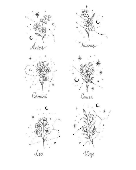 Couple Tattoos Zodiac Signs, Star Sign Tattoos Virgo, Taurus Star Constellation Tattoo Flower, Virgo Constellation Tattoo Flowers, Birth Flower And Zodiac Tattoo, Star Sign Tattoos Taurus, Leo Flower Tattoo Zodiac Signs, Birth Sign Tattoos, Taurus Star Constellation Tattoo