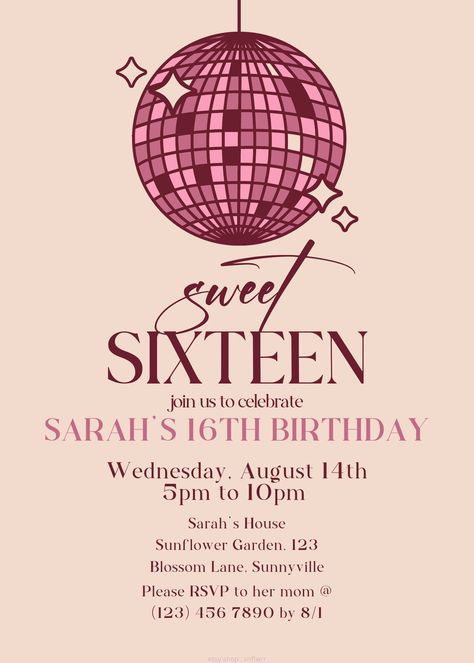 Celebrate Your Sweet Sixteen with this Elegant Birthday Invitation! Embrace the charm of a sweet sixteen with this sophisticated birthday invitation. Featuring a beautiful palette of brown, pink, and beige, these invites capture the essence of elegance and youth. With stylish fonts and inviting wording, they're the perfect way to gather friends and family for a memorable celebration. Order now and let the refined charm set the tone for your special day! How to Download, Edit, and Print Your Invitation with Canva: Download: Click the download link provided after your purchase to access the editable invitation template. Edit: Open the template in Canva, a user-friendly design tool. Customize the text, colors, and images to perfectly match your party's theme. Print: Once you're satisfied with Party Invitations Sweet 16, Invitation 16 Sweet Sixteen, Pink Party Invitations Birthday, Sweet Sixteen Party Invitations, Sweet 16 Party Invites, Sweet 16 Birthday Invitation Template, Invitation 15 Birthday, Sweet 16 Invites Ideas, Pink Bday Invitations