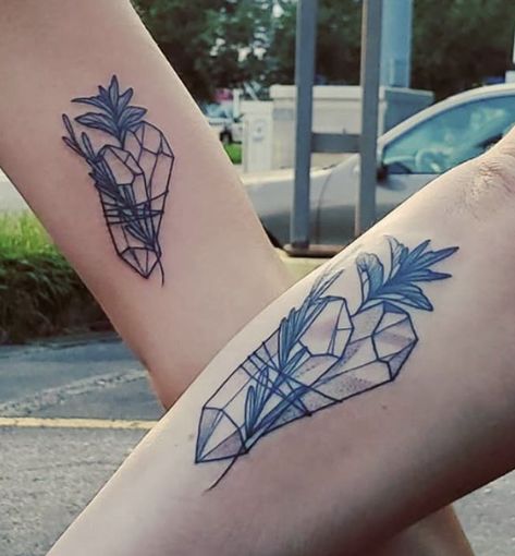 Matching Crystal Tattoos, Crystal Tattoos, Pair Tattoos, Crystal Tattoo, Ink Stain, Matching Tattoos, Mother Daughter, Rosemary, Geometric Tattoo