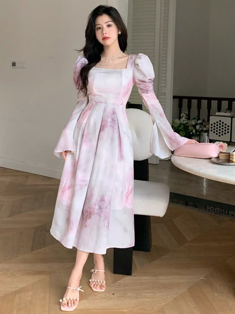 Purple Casual,Elegant Collar Long Sleeve Fabric Tie Dye,All Over Print A Line Embellished Non-Stretch  Women Clothing Korean Casual Dresses, Cute Casual Modest Outfits, Long Western Dresses, Korean Dress Casual, Korean Dress Elegant, Korean Casual Dress, Korean Fashion Women Dresses, Bubble Sleeve Dress, Stylish Gown