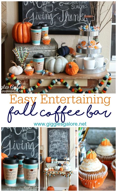 Easy Entertaining Fall Coffee Bar Fall Coffee Bar, Coffee Bar Ideas, Coffee Party, Harvest Party, Fall Entertaining, Home Coffee Bar, Coffee Bar Home, Hot Cocoa Bar, Hot Chocolate Bars