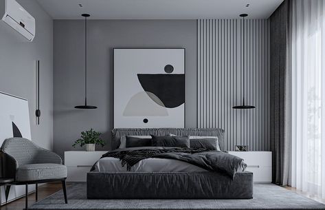 White Gray Bedroom, Black And Grey Bedroom, Monochromatic Bedroom, Monochrome Bedroom, Bedroom Decoration Ideas, Theme Beds, Bedroom Wall Colors, Modern Bedroom Decor, Home Design Living Room