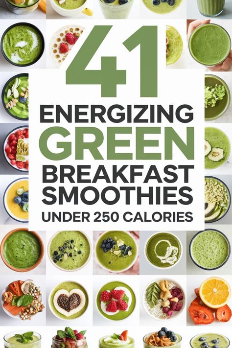 41 energizing green breakfast smoothies under 250 calories, with images of various smoothies and ingredients in the background. Green Breakfast Smoothie Recipes, Savory Smoothie Recipes, Morning Breakfast Drinks, Easy Morning Smoothies, Green Smoothie Recipes Breakfast, Filling Breakfast Smoothie, Smoothie Morning, Healthy Morning Smoothies, Healthy Filling Breakfast