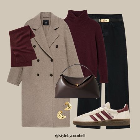 Burgundy Cardigan Outfit, Outfit Pull, Pre Fall Outfits, Burgundy Sneakers, Burgundy Cardigan, Cardigan Outfit, Elegant Outfits, Uggs Outfit, Wool Blend Jacket