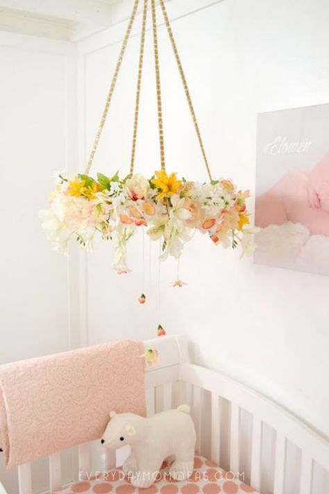 DIY Nursery Decor Ideas for Girls - DIY Floral Baby Mobile Chandelier - Cute Pink Room Decorations for Baby Girl - Crib Bedding, Changing Table, Organization Idea, Furniture and Easy Wall Art Girls Room Diy, Diy Nursery Decor, Diy Baby Mobile, Baby Mobil, Crib Bedding Girl, Pink Room Decor