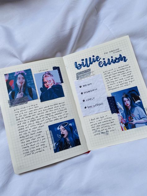 Billie Eilish Notebook Drawing, Billie Eilish Scrapbook Ideas, Billie Eilish Journal Ideas, Billie Eilish Scrapbook, Celebrity Journal, Journal Ideas About Me, Billie Eilish Journal, Lyric Drawings, Whimsical Art Journal