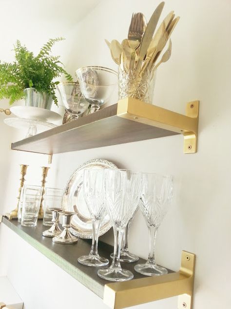 Gold Etagere, Ikea Ekby, Shelves Bedroom, Glass Shelves In Bathroom, Glass Shelves Decor, Kitchen Floating Shelves, Glass Shelf Brackets, Glass Shelves Kitchen, Floating Shelves Bedroom