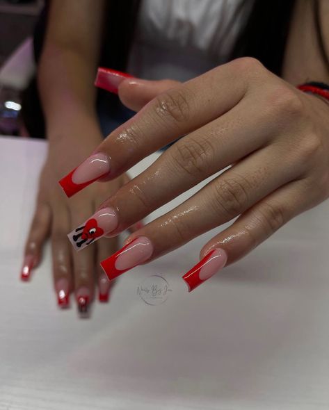 Red Nails With M Initial, Medium Red Acrylic Nails, Acrylic Nails With Bf Initials Red, Red Initial Nails, Red Heart Nails Acrylic, Nails Acrylic Initial, Nail Initials Design, Red Nails With Initials, Red French Tip Nails With Design