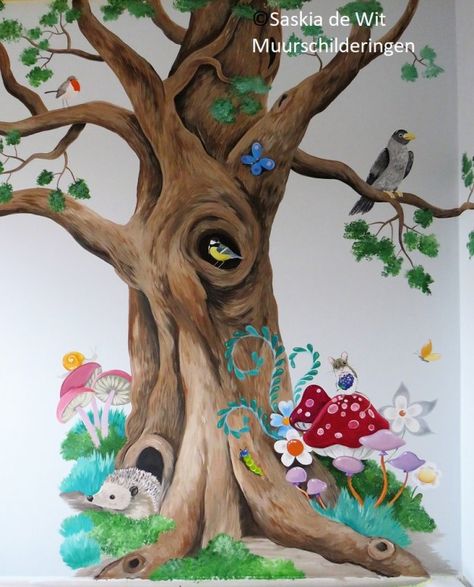 Mural Wall Art Kids, Mural Art Bedroom Ideas, Tree Painting On The Wall, Wall Painting Kids Room, Tree Painting Ideas, Painting Ideas 2023, Church Nursery Decor, Tree Wall Painting, Birds In A Tree