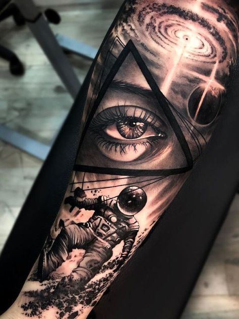 120+ Cool Space Tattoo Ideas - Galaxy, Universe Tattoo Designs - TattoosBoyGirl Seeing Eye Tattoo, Space Tattoo Sleeve, Planet Tattoo, All Seeing Eye Tattoo, Tattoo Artists Near Me, Egyptian Tattoo Sleeve, Astronaut Tattoo, Black And Grey Tattoo, Black Art Tattoo