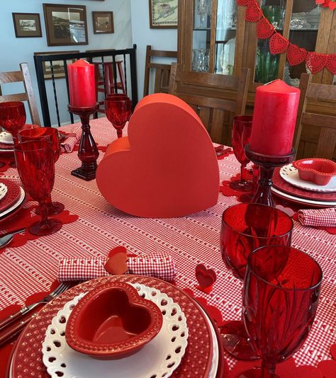 Hearts for a Valentine's Day Table,  table setting, tablescape, red hearts, Valentine, more information about this table on my blog: https://www.whispersoftheheart.com/blog/2020/2/2/hearts-for-a-valentines-day-table Vday Doodles, Valentines Dinner Table Decor, Valentine Dinner Table Setting, Valentines Day Table Setting, Vday Food, Valentines Day Tablescapes, Valentine Day Table Decorations, Whispers Of The Heart, Valentine Tablescape