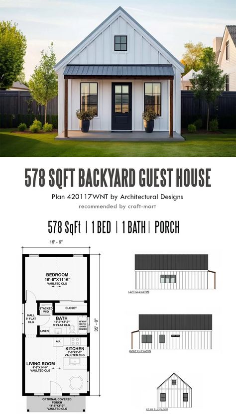 Above all, this 578 sq. ft. floor plan has a simple layout with a cozy porch. As a result, your guests will enjoy a well-designed small space with all modern amenities: a kitchen, a spacious living room, and a private bath with a stackable washer and dryer. Additionally, the home has a narrow footprint (16'6 x 35') and can fit in a narrow space. Granny Pads Small Houses, Storage Shed Tiny House Floor Plans, Tiny House Plans 1 Bedroom, 500sqft House Floor Plans, 2 Bed Tiny House Floor Plans, Tiny Homes Plans Layout, Tiny House Floor Plans 1 Bedroom, Studio Tiny House Floor Plans, Mini Duplex House Design