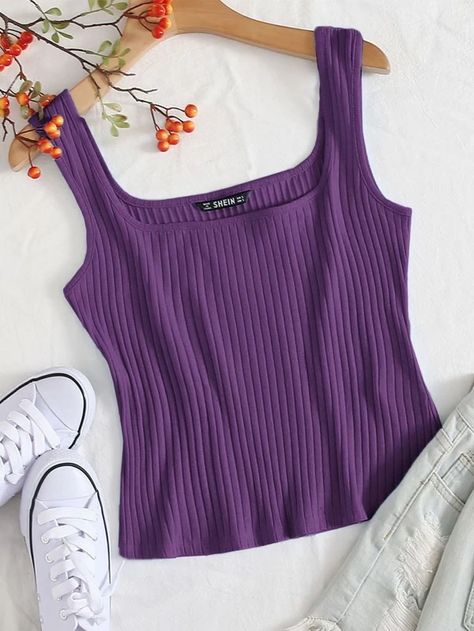 Solid Rib-knit Tank Top | SHEIN USA Morado Aesthetic, Aesthetic Outfit, Online Dress Shopping, Inspiration Mode, Shein Style, Knitted Tank Top, Knit Tanks, Fashion Online Shop, Aesthetic Clothes