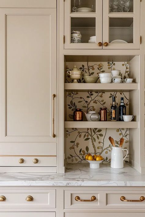 Beige China Cabinet, Wallpaper Inside Cabinets Kitchen, Kitchen Cabinets Wallpaper, Wallpaper Inside Cabinets, Kitchen Cabinets Beige, Kitchen Wallpaper Ideas, Inside Kitchen Cabinets, Beige Kitchen Cabinets, Cabinet Color Ideas