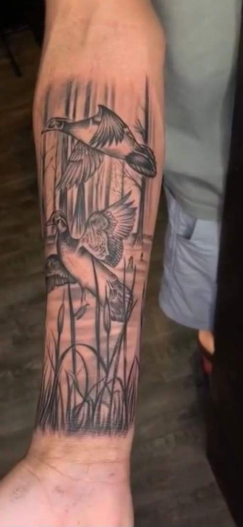 Country Arm Sleeve Tattoo, Country Chest Tattoos For Men, Bayou Tattoo, Tattoo Ideas For Men Country, Waterfowl Tattoo Sleeve, Calf Tattoo Men Calves, Duck Hunting Tattoos For Guys, Country Tattoos For Men Forearm, Men Sleeve Tattoos