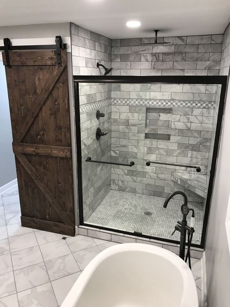 Boho Farmhouse Exterior House, Walk In Shower Sliding Door, Master Bath Remodel Rustic, Barn Style Bathroom Ideas, Rustic House Remodeling Ideas, 5x5 Walk In Shower Ideas, Walk In Shower With Door, Bathroom With Standing Tub, Bathroom With Stand Up Shower Only