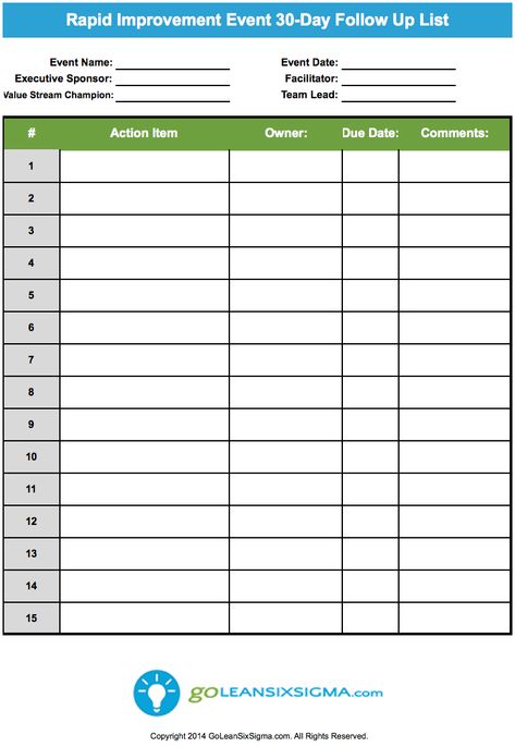 Rapid Improvement Event 30-Day Follow Up List - GoLeanSixSigma.com Daycare Sign In Sheet, Daycare Signs, Sign Out Sheet, Work Hacks, Sign In Sheet Template, Sign Up Sheets, Daycare Forms, Sign In Sheet, Goals Quotes