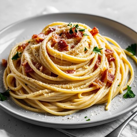 🍝Spaghetti Carbonara 📄Ingredients - 12 oz (340 g) spaghetti - 4 oz (115 g) pancetta or guanciale, diced - 2 large eggs - 1 cup (100 g) grated Parmesan cheese - 2 cloves garlic, minced - Salt and freshly ground black pepper to taste - 2 tablespoons olive oil - Fresh parsley for garnish (optional)  #spaghetti #italianfood #carbonara Carbonara Photography, Carbonara Ingredients, Classic Italian Dishes, Spaghetti Carbonara, Picky Eaters, Parmesan Cheese, Classic Italian, Satisfying Food, Grated Parmesan Cheese