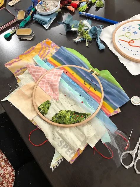 October Workshops and Events: Embroidery Dyeing & Applique More Fabric Landscapes, Collage Landscapes, Watercolor Embroidery, Embroidery Basics, Wildflower Embroidery, Embroidery Workshop, Embroidery On Paper, Applique Art, Learning To Embroider