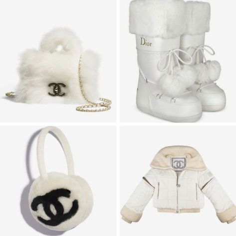 Chanel Ski Outfit, Poms Aesthetic, Pom Poms Aesthetic, Chanel Winter Collection, Chanel Winter Outfits, Chanel Earmuffs, Chanel Outfit Aesthetic, Earmuffs Outfit, Ski Chic