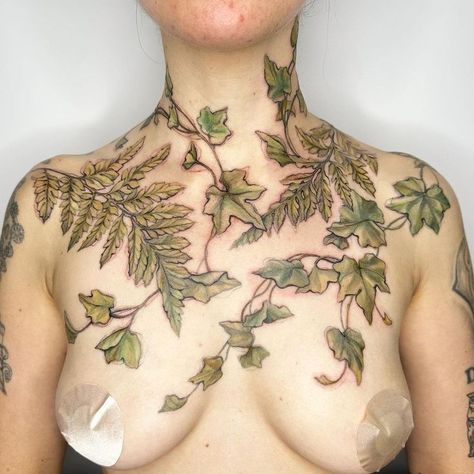 Plant Ear Tattoo, Womans Chest Tattoo, Plant Chest Tattoo, Fern Chest Tattoo, Botanical Chest Tattoo, Vine Chest Tattoo, Botanical Tattoo Sleeve, Botanical Tattoo Design, Botanical Tattoos