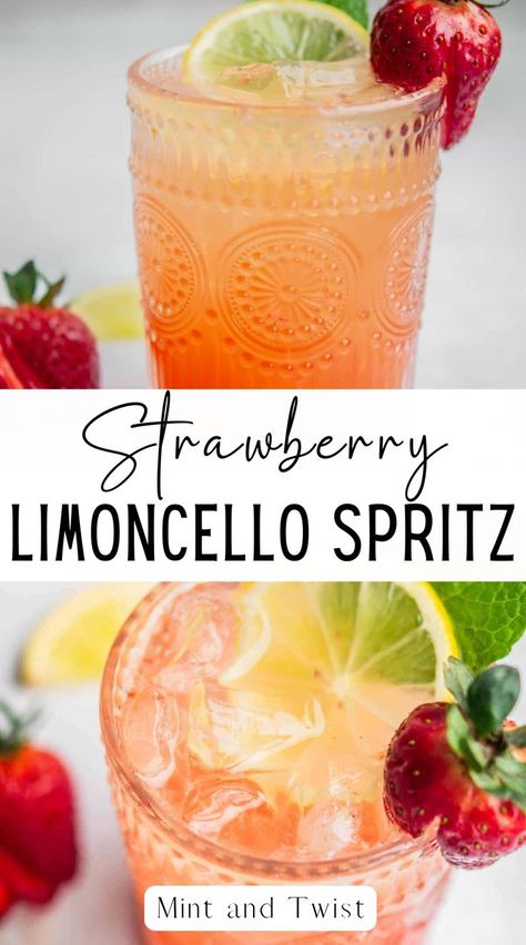 This strawberry limoncello spritz is a yummy twist on a classic spritz with the addition of fresh strawberries and limoncello liqueur. A strawberry limoncello spritz is a perfectly balanced sweet and sour cocktail with the sweetness from the strawberries, the depth of Prosecco and sourness from the limoncello. Topped off with soda water to finish off this spritz, its a delicious summer cocktail. Strawberry Cocktail, Limoncello Spritz, Yummy Summer Cocktails, Strawberry Liqueur, Strawberry Cocktails, Easy Cocktail, Sour Cocktail, Refreshing Food, Fruity Drinks