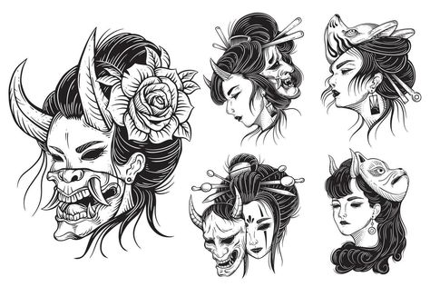 Geisha Warrior Tattoo, Skull Mask Tattoo, Geisha Warrior, Warrior Illustration, Geisha Tattoos, Japanese Warrior Tattoo, Female Warrior Tattoo, Warriors Illustration, Geisha Tattoo