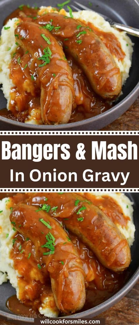 Sausage And Mash Recipe, Italian Sausage And Mashed Potatoes, Bangers And Mash Recipe, Baked Corned Beef, Brats Recipes, Sausage And Mash, Bratwurst Recipes, Sausage Dinner, Potato Gravy