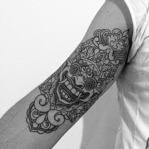 . Indonesian Tattoo Ideas, Bali Mask Tattoo, Bali Tattoo Ideas, Indonesian Tattoo, Barong Tattoo, Hannya Maske Tattoo, Hannya Maske, Balinese Tattoo, Bali Tattoo