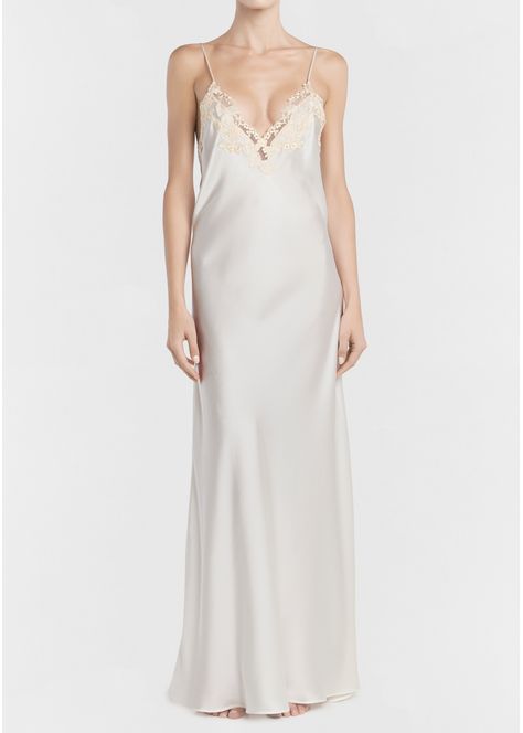 La Perla long bias gown with appliqué lace La Perla Nightgown, Embroidery On Tulle, Long Nightdress, Satin Nightgown, Long Nightgown, Embroidered Motifs, Gray Silk, Satin Dress, Satin Dresses