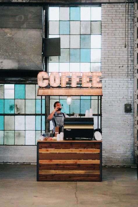 coffee wedding ideas lighted sign coffee cart Brooklyn Coffee Shop, Coffee Booth, Mobile Coffee Cart, Coffee Bar Wedding, Gerobak Dorong, Hipster Coffee, Mobile Coffee Shop, Mini Cafe, Coffee Trailer