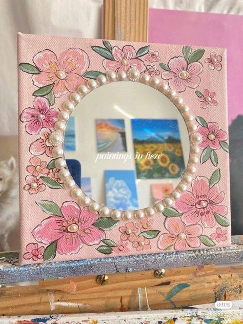 Canvas Mirror, Painted Mirror Art, Cute Canvas Paintings, Art Decor Diy, Canvas Painting Designs, Canvas Painting Diy, Small Canvas Art, Book Art Diy, Easy Diy Art