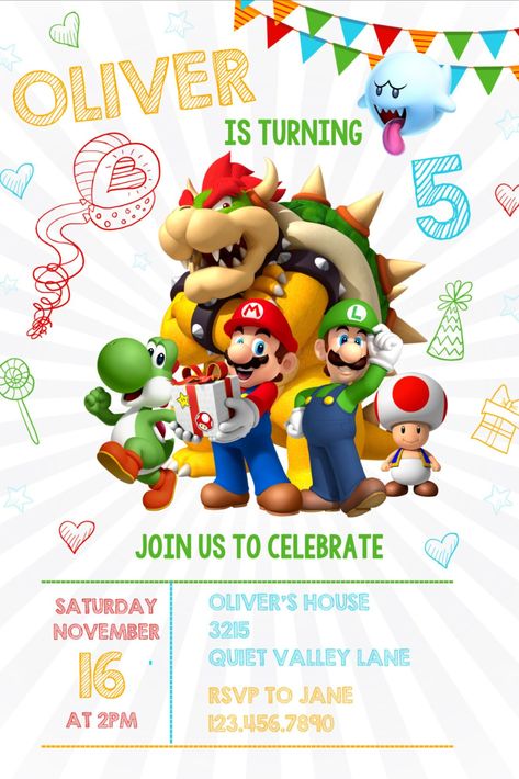 Super Mario Birthday Invtation Template Canva 3 This is an editable Canva digital invitation. Mario Bros Birthday Party Invitations, Mario Invites Birthday, Mario Brothers Birthday Invitation, Super Mario Brothers Birthday Party Invitations, Super Mario Party Invitations Free, Bowser Party Invitation, Super Mario Bros Party Ideas Invitations, Mario Brothers Invitation Template, Mario Themed Birthday Party Invitations