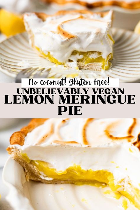 Vegan Lemon Meringue Pie (Gluten Free) | The Banana Diaries Vegan Lemon Meringue Pie, Vegan Lemon Meringue, Vegan Tea Party, Sugar Free Vegan Desserts, Desserts Easy 3 Ingredients, Lemon Cream Pie, Gluten Free Vegan Recipes Desserts, Banana Diaries, Vegan Dessert Bars