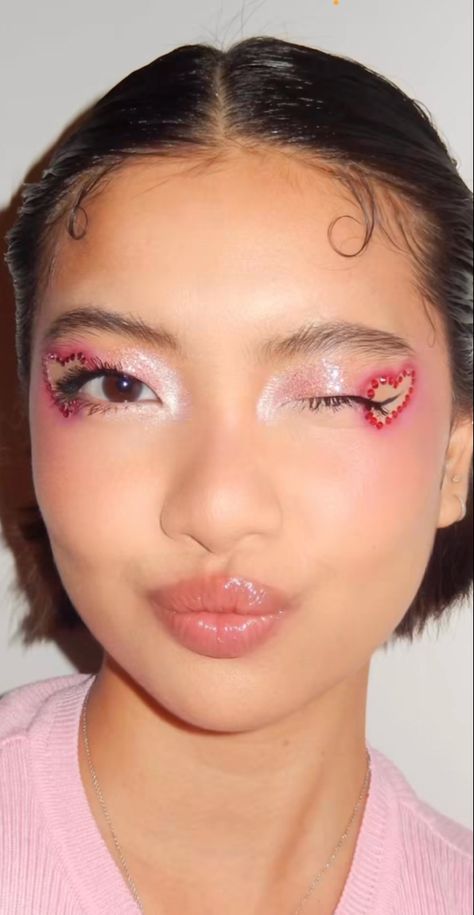 V Day Looks, Pink Valentine Makeup, Cupid Face Makeup, Rhinestone Heart Eye Makeup, Fun Valentines Makeup, Heart Eyeshadow Makeup, Valentine Inspired Makeup, Valentines Date Makeup, Ribbon Eye Makeup