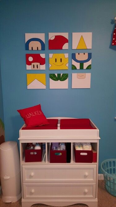 Gamer Nursery, Nintendo Nursery, Mario Nursery, Super Mario Kids Room, Super Mario Bathroom Decor, Super Mario Nursery, Mario Bro Bedroom Themed Rooms, Geek Nursery, Wallpaper For Boys Bedrom Mario Spnic