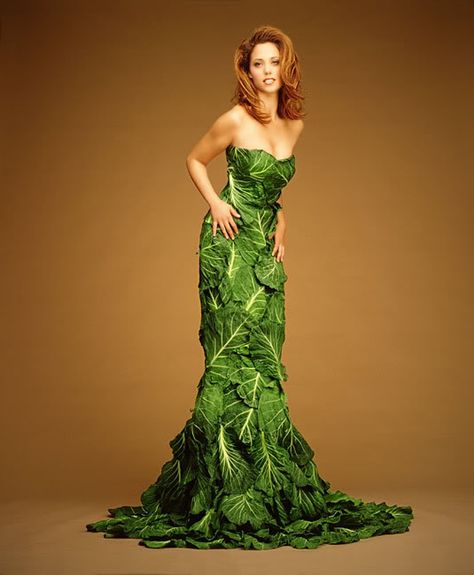 Who'd have thought you could look this good in cabbage? Cabbage Leaf Dress Vegetable Dress, Crazy Dresses, Eco Clothing, Jeanne Lanvin, Eco Friendly Clothing, Dress Out, Floral Fashion, Organic Clothing, Modern Dress