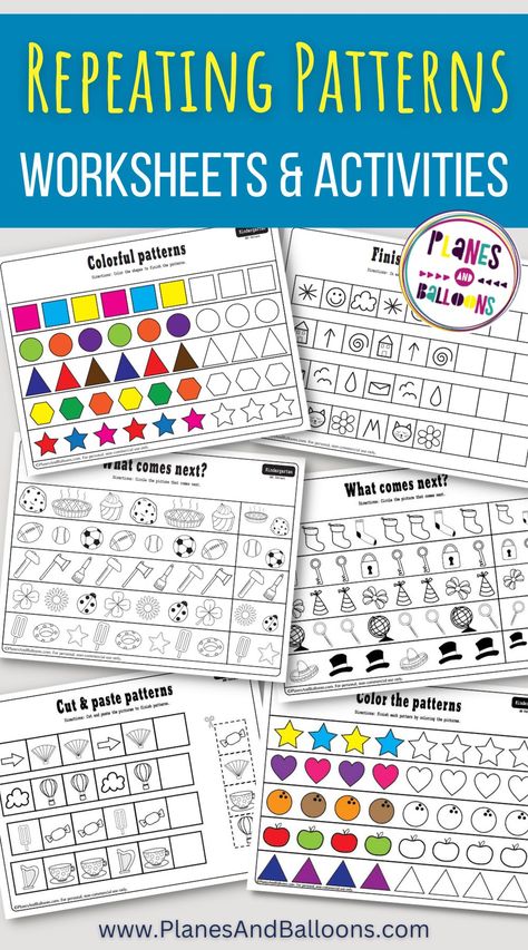 Free printable patterns worksheets for preschool, kindergarten, and grade 1 students. Grab these math pattern worksheets today to add to your pattern lesson plan. Make making patterns fun! Patterns Worksheets For Preschool, Complete The Pattern Worksheet, Kindergarten Math Patterns, Math Patterns Activities, Number Patterns Worksheets, Pattern Lesson, Pattern Worksheets For Kindergarten, Patterning Kindergarten, Teaching Patterns