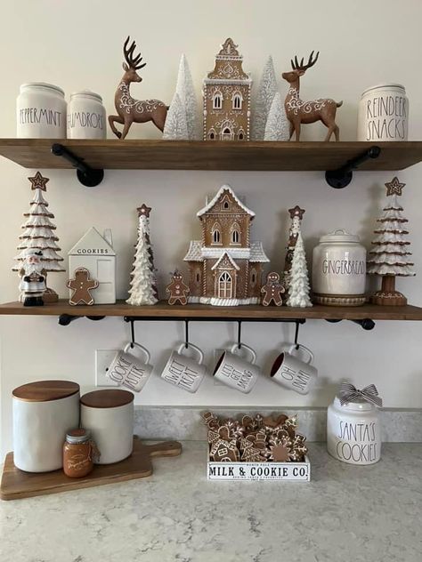 Tiered Shelf Christmas Decor, Gingerbread Coffee Bar Decor, Coffe Bar Christmas Decoration, Corner Kitchen Cabinet Decor, Christmas Styled Bookshelves, Home Bar Christmas Decor Ideas, Kirklands Home Decor Christmas, Rae Dunn Christmas Coffee Bar, Kitchen Shelf Decor Christmas