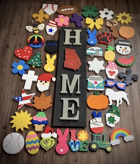 Our home sign is made with interchangeable pieces you can change out for every season.We offer 50 different interchangeable piece for you to choose from. You can use this sign year around instead of buying a new sign every season! Our home signs are made from 3/4” cedar board and are 45” tall by Interchangeable Home Sign, Scented Mason Jar Candles, Cedar Board, Our Home Sign, Glowforge Ideas, Outdoor Welcome Sign, Horses Wall Decor, American Holidays, Front Porch Signs