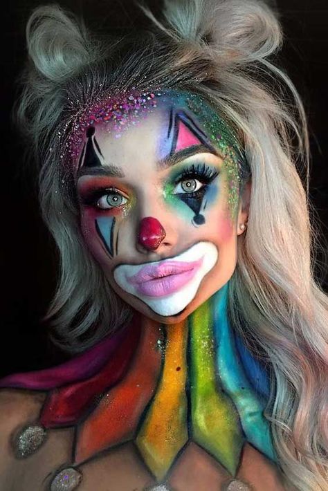 Here are 101 killer Halloween makeup ideas that require just your cosmetic stash and a little patience. Nem Halloween Makeup, Makeup Zombie, Fantasy Make-up, Make Carnaval, Rainbow Halloween, Halloween Make-up Looks, Halloweenský Makeup, Cool Halloween Makeup, Halloween Clown