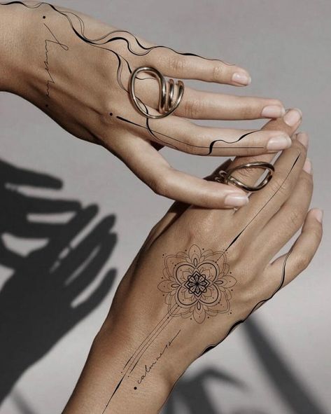 Mystery & Calmness Hand Tattoo For Girls Bracelet Hand Tattoos For Women, Hand Tattoos Geometric, Line Art Hand Tattoo, Filigree Hand Tattoo, Subtle Hand Tattoos For Women, Bohemian Hand Tattoos, Tattoo For Girls Ideas, Forearm To Hand Tattoo Women, Hand Tattoo Floral