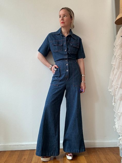 Vintage 1970s Denim Flared Jumpsuit - Etsy Flared Jumpsuit, Womens Jumpsuits, Flare Jumpsuit, Denim Flares, Denim Jumpsuit, Vintage 1970s, Jumpsuits For Women, Sweden, Brooklyn