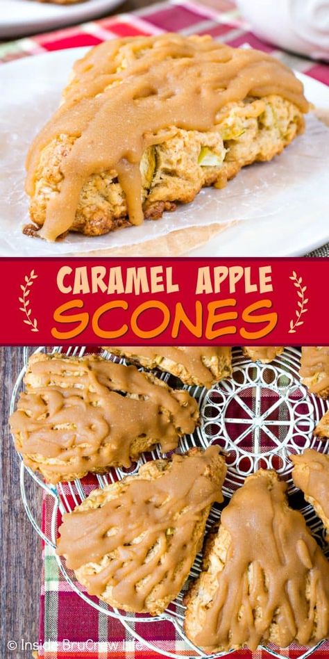 Fall Scones, Caramel Homemade, Apple Scones, Bread Pudding With Apples, Apple Caramel, Scones Recipe Easy, Recipe For Breakfast, Caramel Glaze, Fruit Dessert Recipes