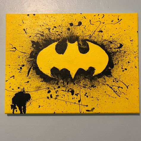 Batman symbol- black and yellow acrylic splatter painting Painting Batman On Canvas, Marvel Easy Painting, Batman Parking Spot, Batman Acrylic Painting, Batman Painting Ideas, Batman Painting Easy, Batman Canvas Painting, Dark Knight Art, Batman Painting