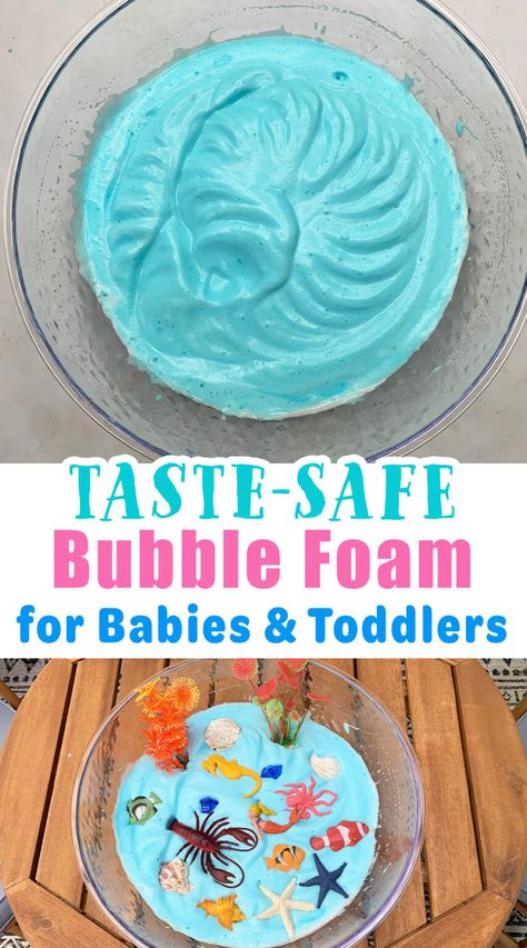 Taste Safe Ocean Sensory Bin, Bubble Art For Toddlers, Bubble Sensory Bin, Edible Foam For Babies, Taste Safe Foam, Bubble Foam For Toddlers, August Toddler Activities, Edible Sensory Play Baby, Bubble Activities For Toddlers